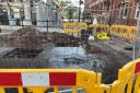 MESS: The water leak caused by a burst pipe at the Shaw Street and Sansome Street junction in Worcester city centre, pictured on May 15