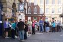 Eager fans: The queue for tickets at Bewdley Tourist Information Centre.