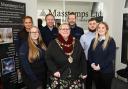 Masstemps staff members Emma Catchpole, Andy Jay, Ian Bowen, Jay Williams, Georgia Burgess and Charlotte Hill are pictured with the Mayor of Kidderminster, councillor Juliet Smith