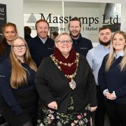 Masstemps staff members Emma Catchpole, Andy Jay, Ian Bowen, Jay Williams, Georgia Burgess and Charlotte Hill are pictured with the Mayor of Kidderminster, councillor Juliet Smith