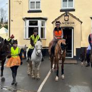 Kidderminster College students on their sponsored horse ride - stopping off at The Anchor at Caunsall -l-r - Grace Bates, Faye List, Izzy Williams and Jessica Locke