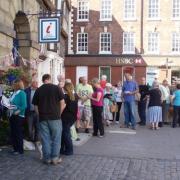 Eager fans: The queue for tickets at Bewdley Tourist Information Centre.