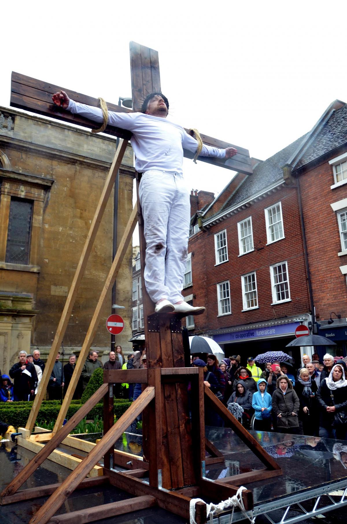 Jesus, played by Stuart Wishart, during the crucifixion PIC: Colin Hill