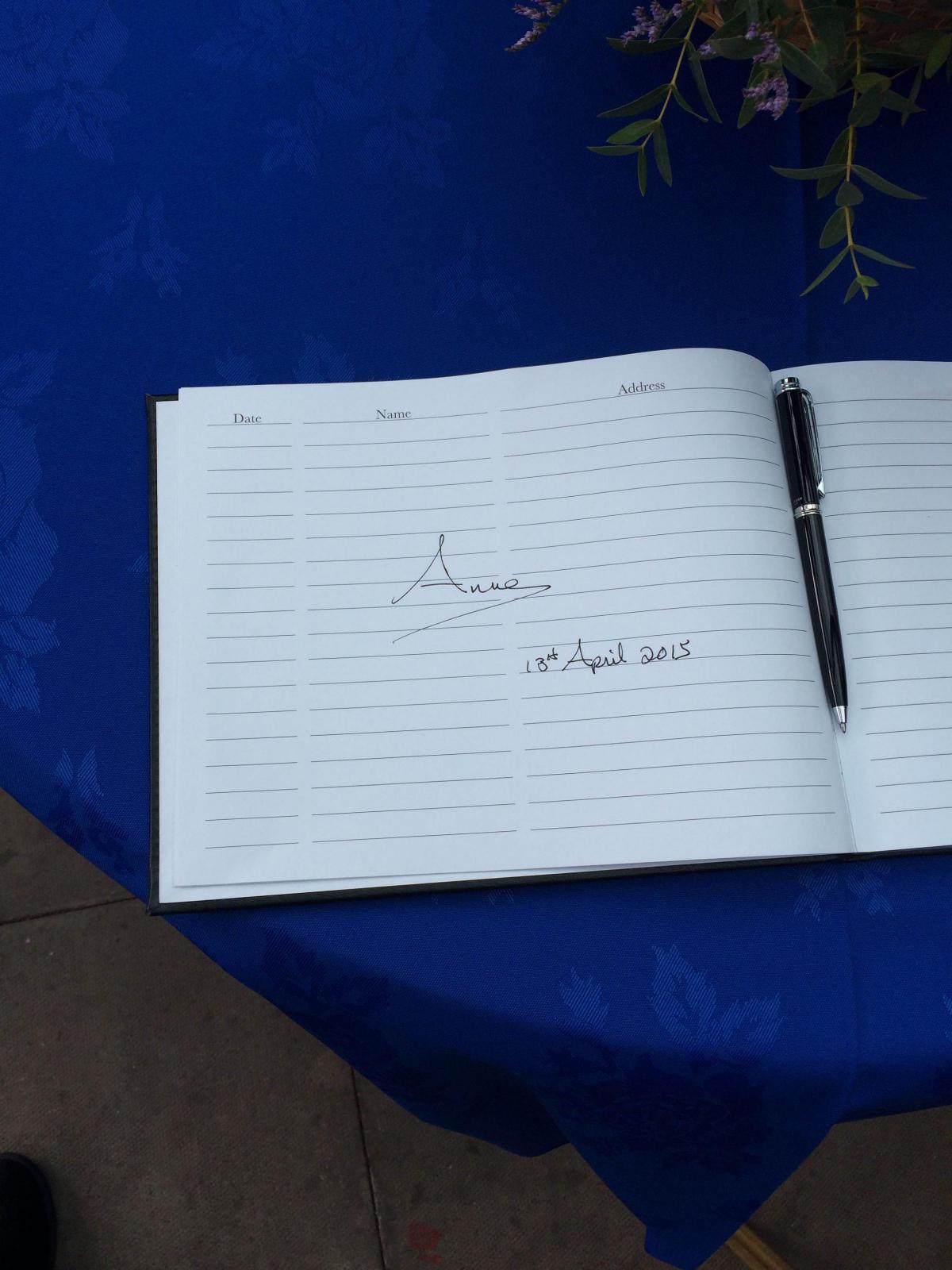The Princess Royal signed Severn Valley's visitor book