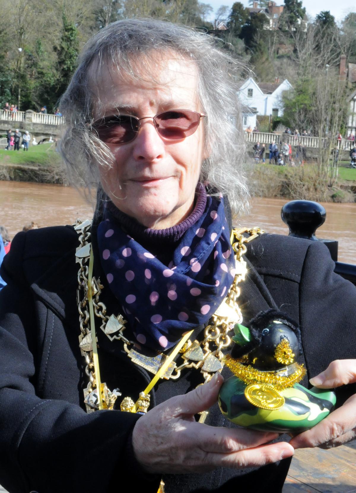 The Mayor of Bewdley, Calne Edginton-White, with the 'best dressed duck' made by Ella Boyle
