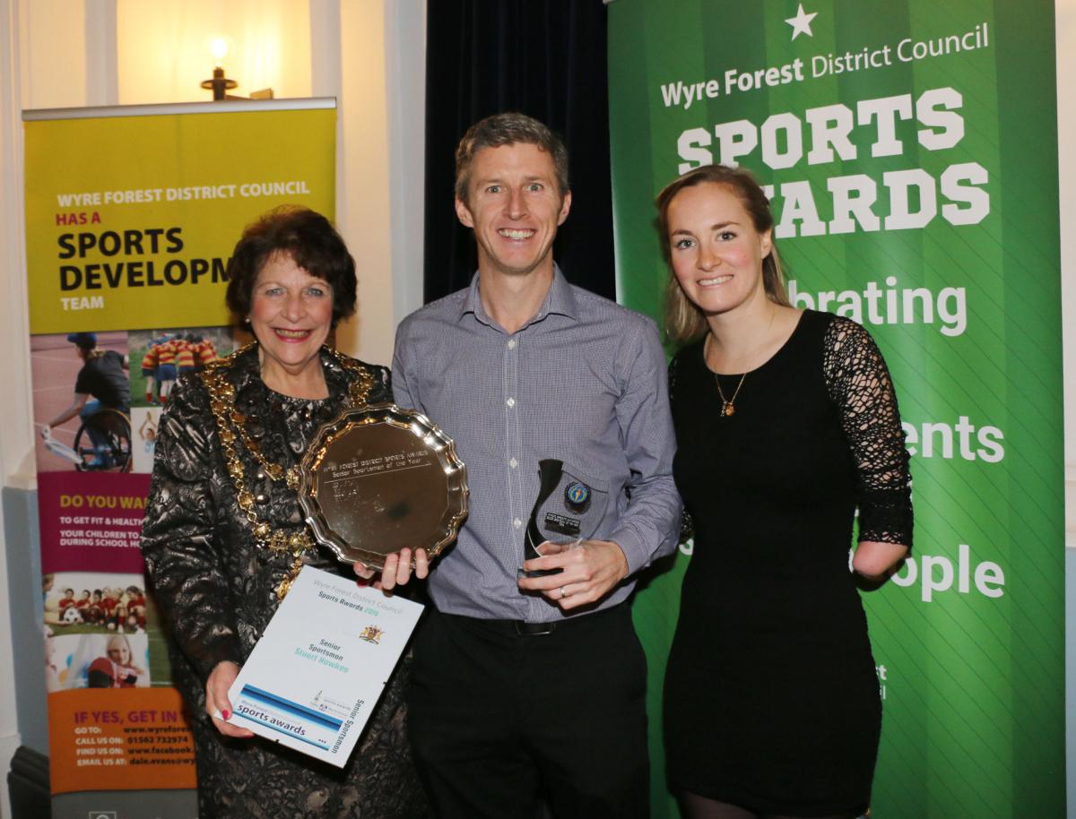 Senior Sportsman of the Year, Stuart Hawkes, with Councillor Mary Rayner and Claire Cashmore MBE