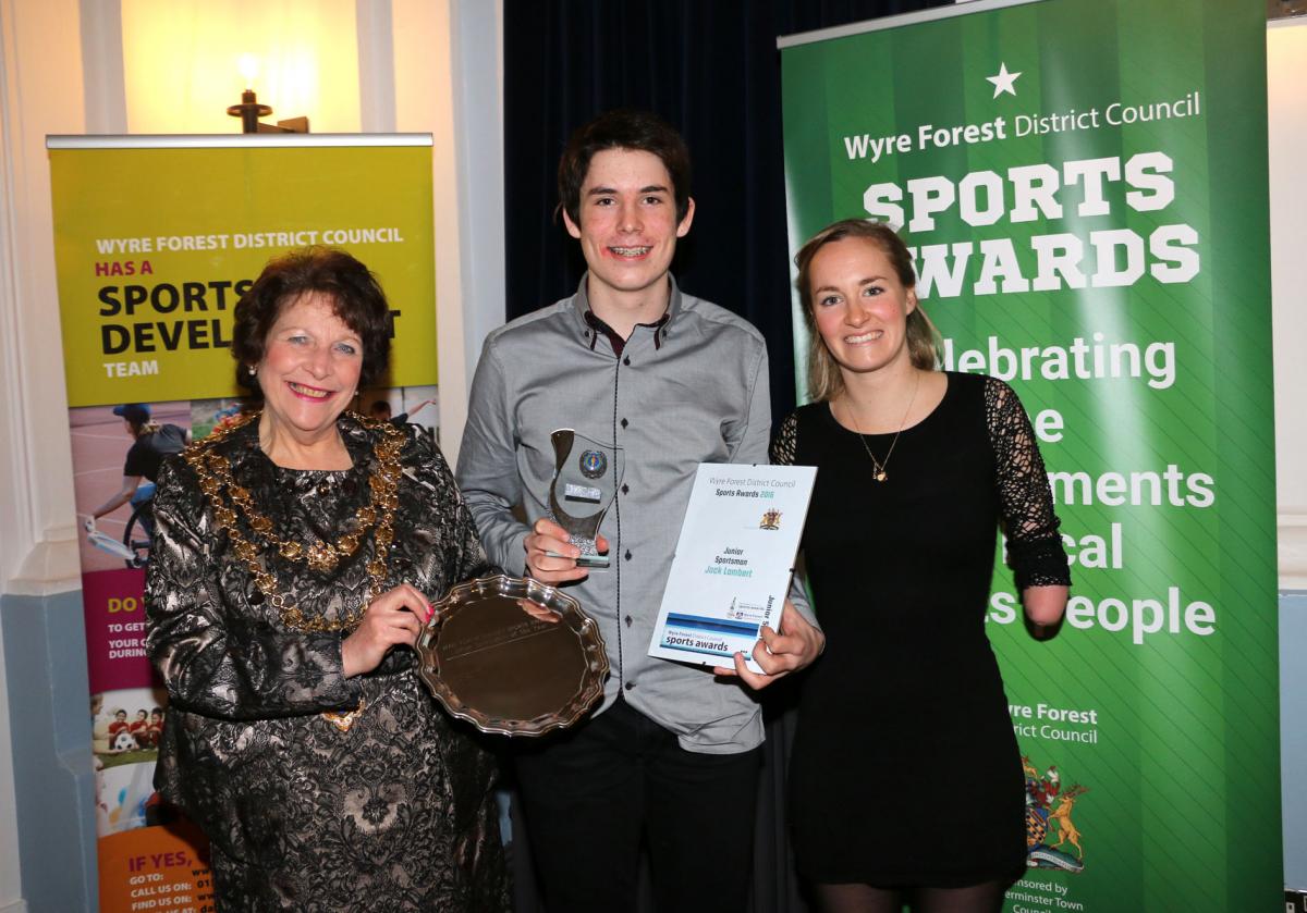 Junior Sportsman of the Year winner, Jack Lambert, with Cllr Mary Rayner and Claire Cashmore MBE