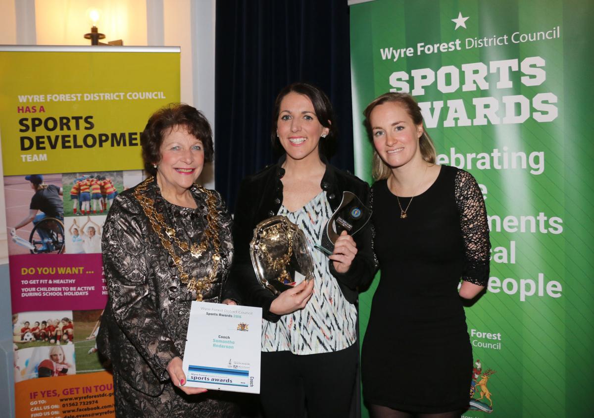 Coach of the Year, Sami Anderson, with Cllr Mary Rayner and Claire Cashmore MBE
