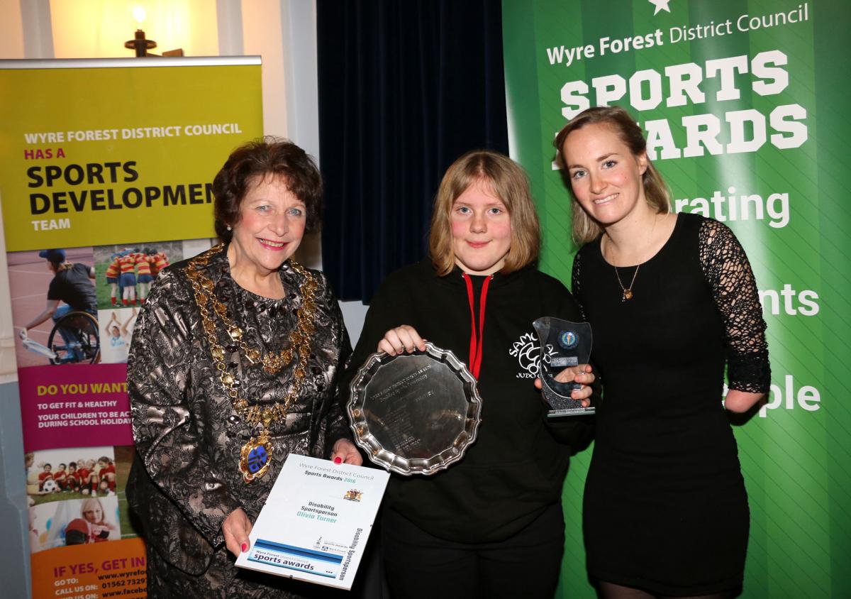 Olivia Turner scooped the Disability Sportsperson of the Year award for the second year running. Pictured with Cllr Rayner and Claire Cashmore MBE