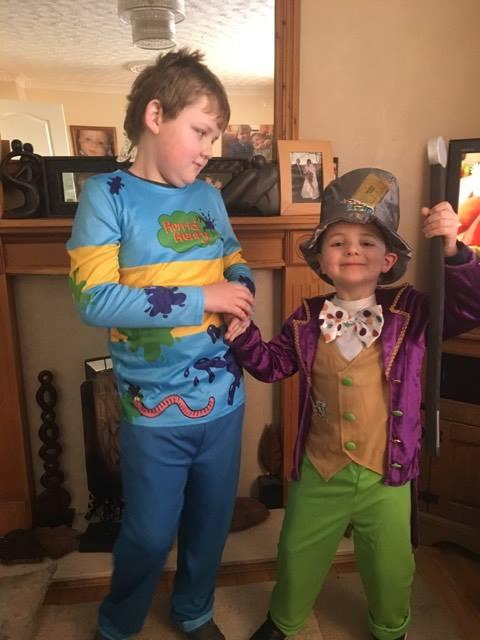 Maxwell Pulley, 7, from Wyre Forest School, and Barnaby Pulley, 4, from Burlish Park Primary School, as Horrid Henry and Willy Wonka
