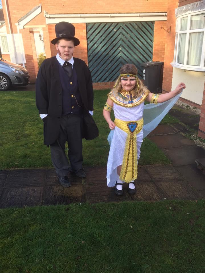 Will, 11, and Lizzie Watson, 7, from Heronswood Primary School, as Dr Barnardo from Street Child and Cleopatra