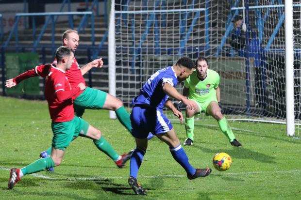 Montel Gibson scores for the Yeltz against Coventry United. Photo by Steve Evans