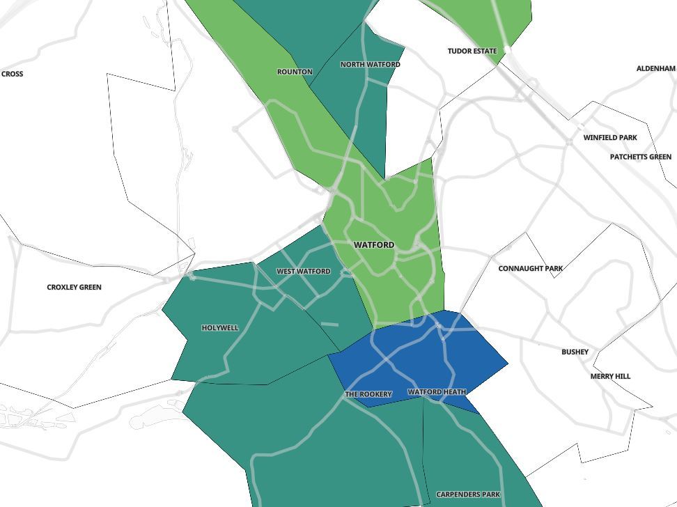Areas shaded in colour are where more than 3 Covid cases were found in the seven days to May 12. This includes West Watford, Oxhey, Leggatts, Holywell, Nascot Wood, Central Watford, North Watford, and Garston. Credit: UK Government