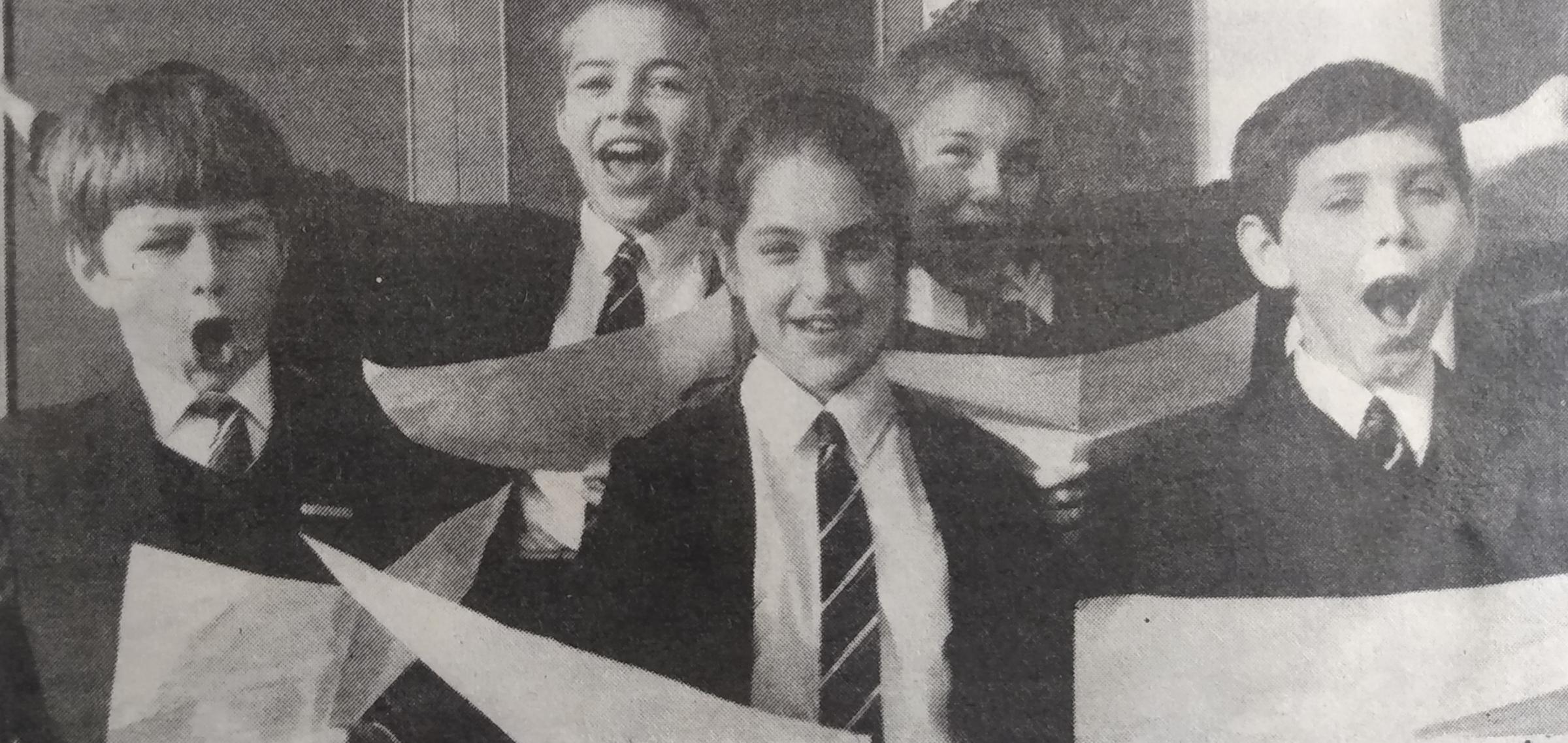 December 1991 and students took part in a singalongathon for Children In Need. From left, Stephen Tyrrell, Sally Ann Taylor, Nicola Homer, Hayley Griffiths and Philip Jolley were among those to take part