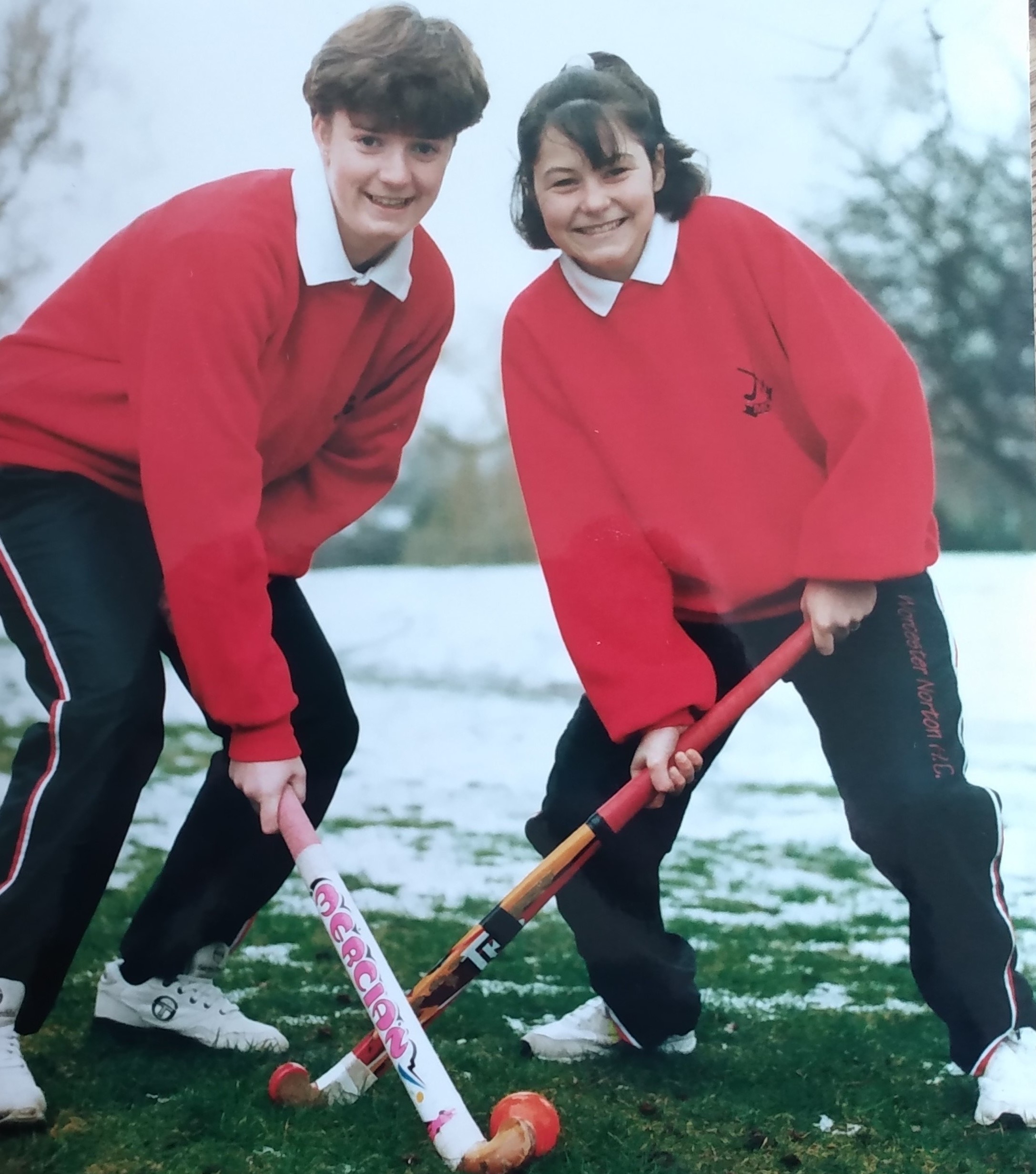 Hockey in all weathers in March 1994 for Natalie Hannah and Kelly Harvey