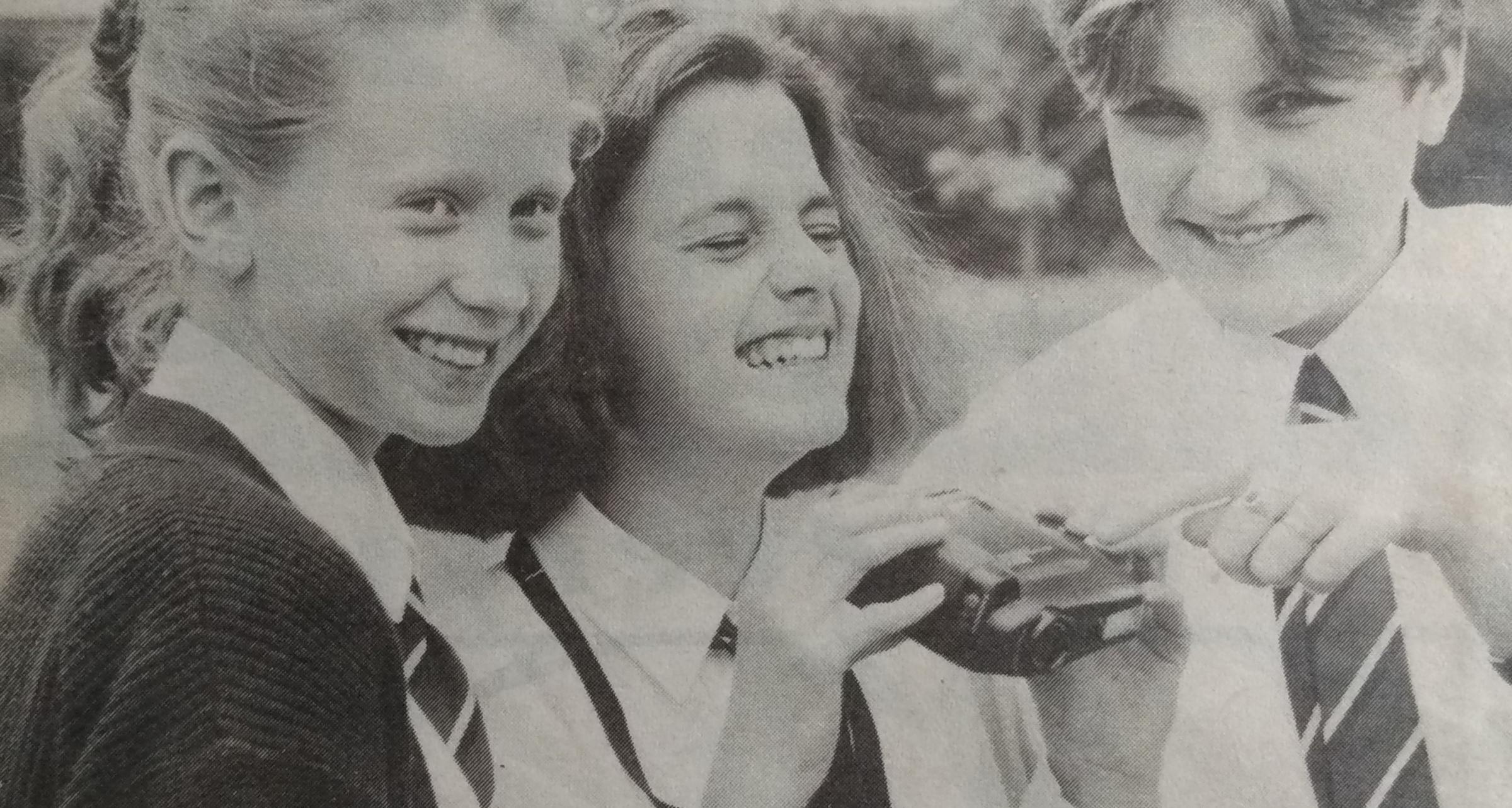 June 1992 and Nunnery Wood pupils won a schools photographic competition, with a state-of-the-art Canon still video camera the prize. Pictured are pupils Lucy, Natalie and Becky, whose work formed part of the schools entry