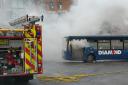 A Diamond Bus on fire at Weavers Wharf in Kidderminster. Pic - Miriam Balfry