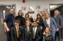 Unveiling the plaque: Daughters of Dilys Lane Jo Keeley and Ali Harris with, music teachers Steve McCarthy and Dave Parker and students