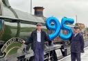 Driver Adrian Hassall (left) and fireman Mark Writtle (right) celebrating the milestone of the No 4930 'Hagley Hall'