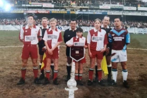 Kidderminster Shuttle: Matt Brick (third from right) as a mascot at the Harriers vs West Ham clash in 1994