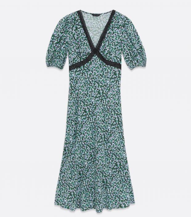 Kidderminster Shuttle: Blue Ditsy Floral Lace Trim Tie Back Midi Dress. Credit: New Look