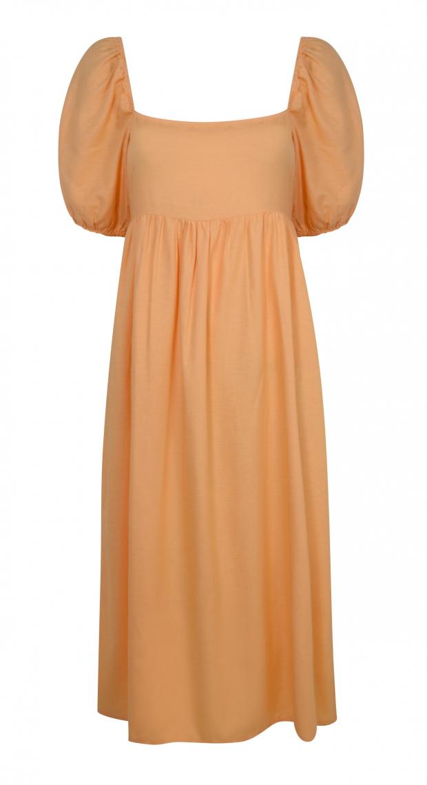 Kidderminster Shuttle: Bright Orange Linen-Look Puff Sleeve Midi Dress. Credit: New Look