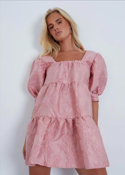 Kidderminster Shuttle: Nude Jaquard Square Neck Puff Sleeve Tiered Smock Dress. Credit: I Saw It First