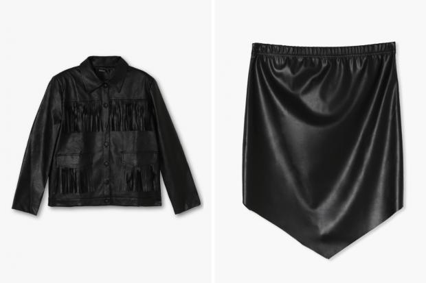 Kidderminster Shuttle: (Left) Fringe Faux Leather Jacket and (right) Pointed Hem PU Mini Skirt in black (Boohoo/Canva)