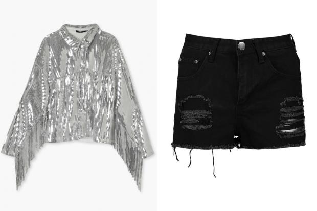 Kidderminster Shuttle: (Left) Sequin Fringe Detail Shirt and (right) Petite High Rise Distressed Denim Shorts (Boohoo/Canva)