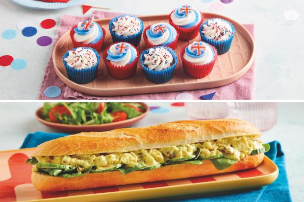 Kidderminster Shuttle: (Top) Jubilee Cupcake Platter (bottom) Coronation Chicken Baguette (Morrisons/Canva)
