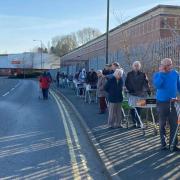 Sainbury's shoppers wait in long queue in Kidderminster this morning. Photo by RichardLycettPhotography.co.uk