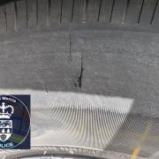 DEFECTIVE: The HGV tyre.  Photo: West Mercia Police via Twitter from @OPUWorcs