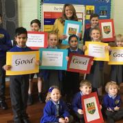 Wolverley Sebright Primary Academy headteacher Shelley Reeves-Walters and pupils celebrate their Ofsted