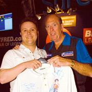 Wayne Rudge, of Tenbury Wells, received the signed shirt from former world champion John Lowe.