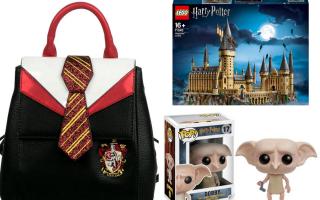 (Left) Danielle Nicole Harry Potter Gryffindor Mini Backpack. Credit: VeryNeko. (Top right) LEGO Harry Potter Hogwarts Castle Set. Credit: Zavvi. (Bottom Right) Harry Potter Dobby Funko Pop! Vinyl. Credit: PopInABox.