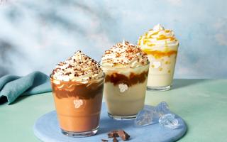 (Left) Chocolate Fudge Brownie Frappé & Light Dairy Swirl, (middle) Salted Caramel Frappé & Light Dairy Swirl and (back right) Tropical Mango Bubble Frappé & Light Dairy Swirl (Costa Coffee)