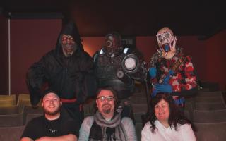 From left to right are Ryan Brunt, Sachia M Mooney, Andrea Whitehouse and some characters from the film